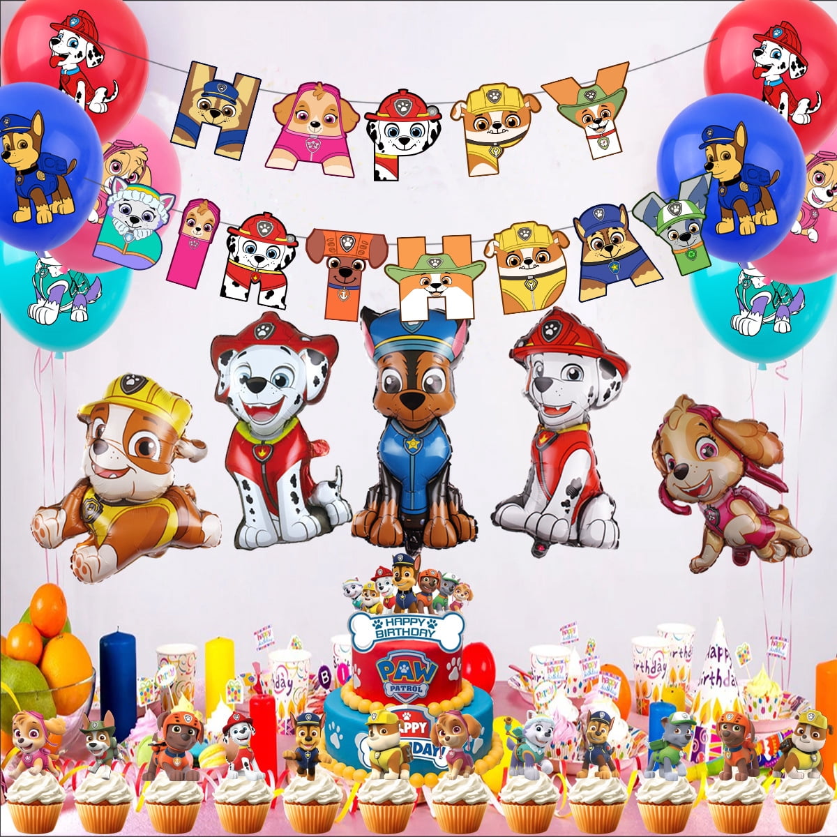 52PCS For Paw Theme For Patrol Birthday Party Decorations,With 1 Happy Birthday Banner Garland,20 Balloons, 13 Cupcake Toppers,6 Foil balloon for Party Supplies