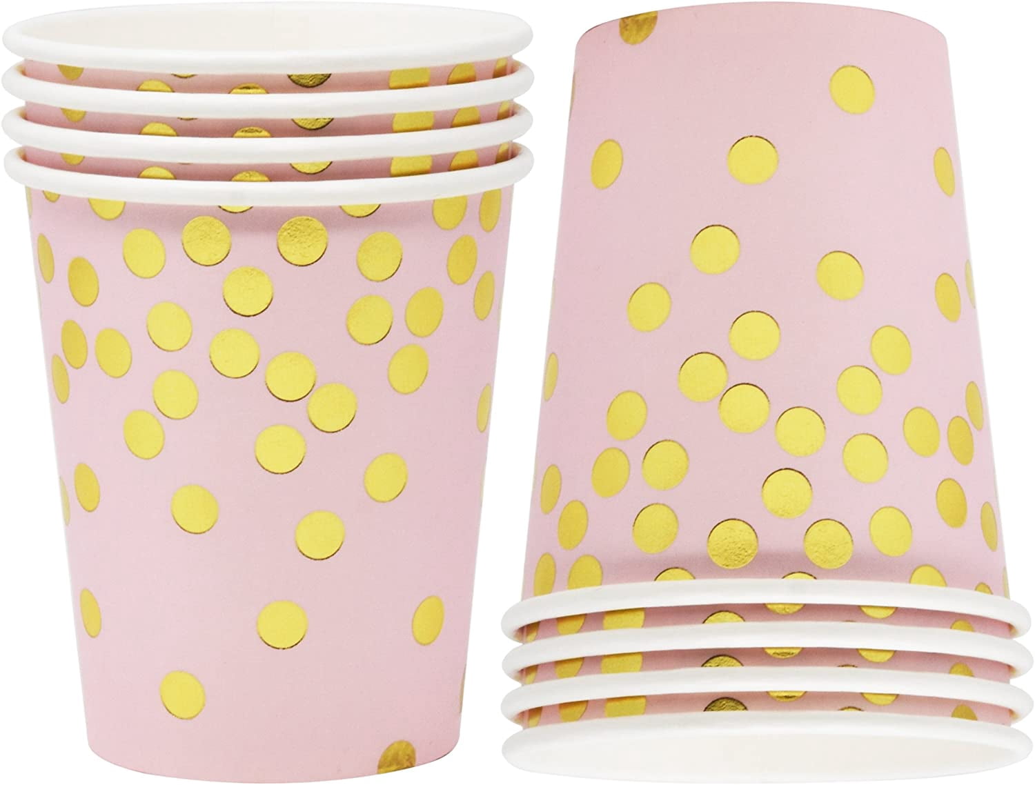 Pink and Gold Dot Party Supplies Set for 50 Guest Gold Metallic Foil Dots on Pink 50 9" Paper Dinner Plates 50 7" Dessert Plate 50 9 oz Cups for Baby Shower Birthday Disposable Dinnerware