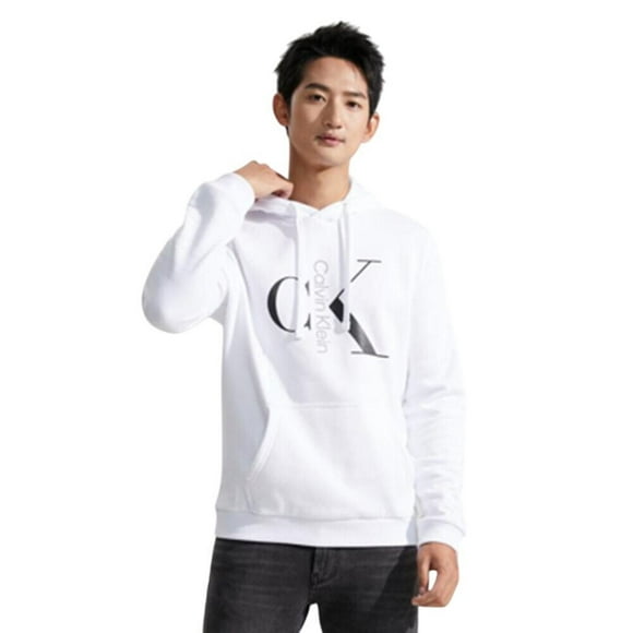 Calvin Klein Men's Mixed Logo Monogram Pullover Hoodie - 40QC403 (Brilliant White 540, 2XL)