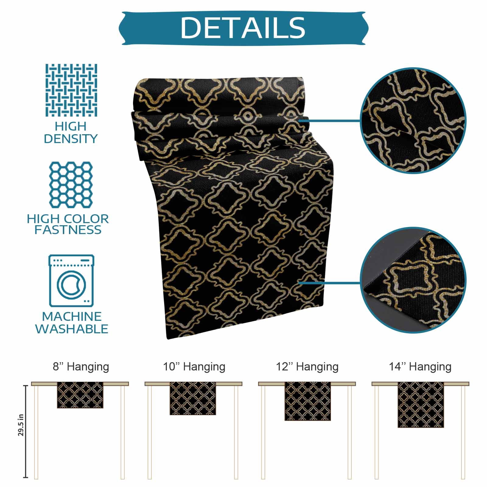 Abstract Geometric Table Runner 18x72 Inch Modern Gold and Black Retro Plaid Texture Cotton Linen Dining Table Runner Ideal for Dresser Kitchen Coffee Tables - Machine Washable