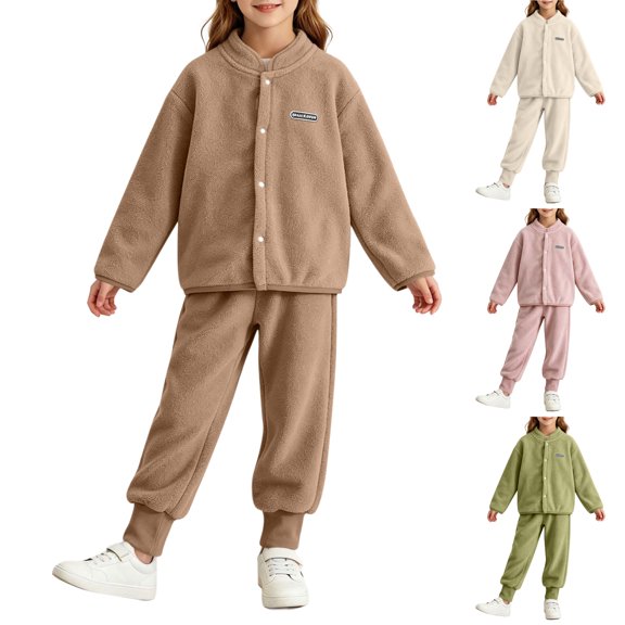 Asxite Toddler Fall Outfits Solid Fleece Stand Collar Top Jogger Pants Casual Loose Breathable 2 Piece Set 5T