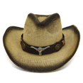 thumbnail image 1 of Trendy Sunshade Straw Hat with Belt Bull for Head Straw Hat Spray Paint Cowboy Hat Wide Brim Sunhat for Couples Boys Gir, 1 of 4