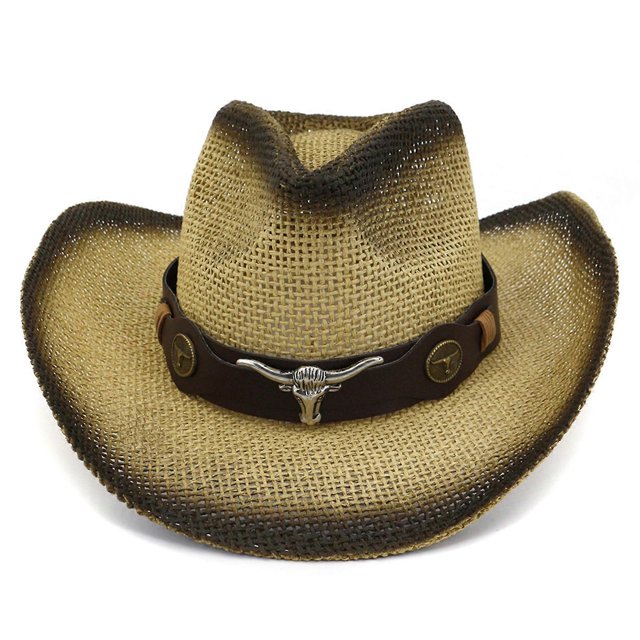 Trendy Sunshade Straw Hat with Belt Bull for Head Straw Hat Spray Paint Cowboy Hat Wide Brim Sunhat for Couples Boys Gir