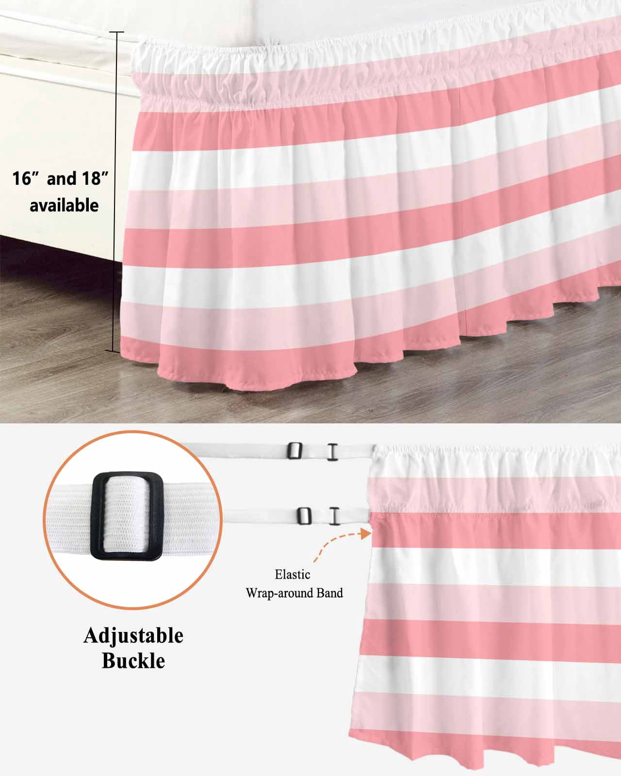 Pink White Striped Wrap Around Bed Skirts for California King Bed 16" Drop, Bed Skirt with Adjustable Elastic Belt Dust Ruffle Bed Valance for Bedroom Hotel Luxury Farmhouse Stripes Bed Frame Cover