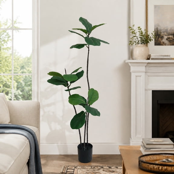 Artificial Fiddle Leaf Fig Tree, 4.6Ft Large Faux Tree Tall Fake Floor Plant with Black Pot, Xramfy Artificial Plants Indoor, Lifelike Fake Trees for Home, Decor, Living Room, Indoor & Outdoor