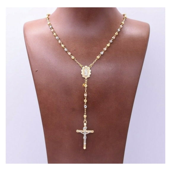 4mm Diamond-Cut Cross Rosary Unisex Adult Necklace 10K Tri-Color Gold, All Sizes – Goldum NYC
