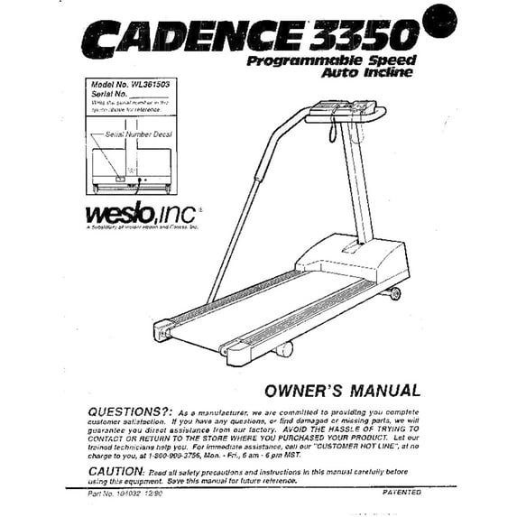 Owner Manual 104032 Works W Weslo Cadence 3350 - Wl361503 Treadmill
