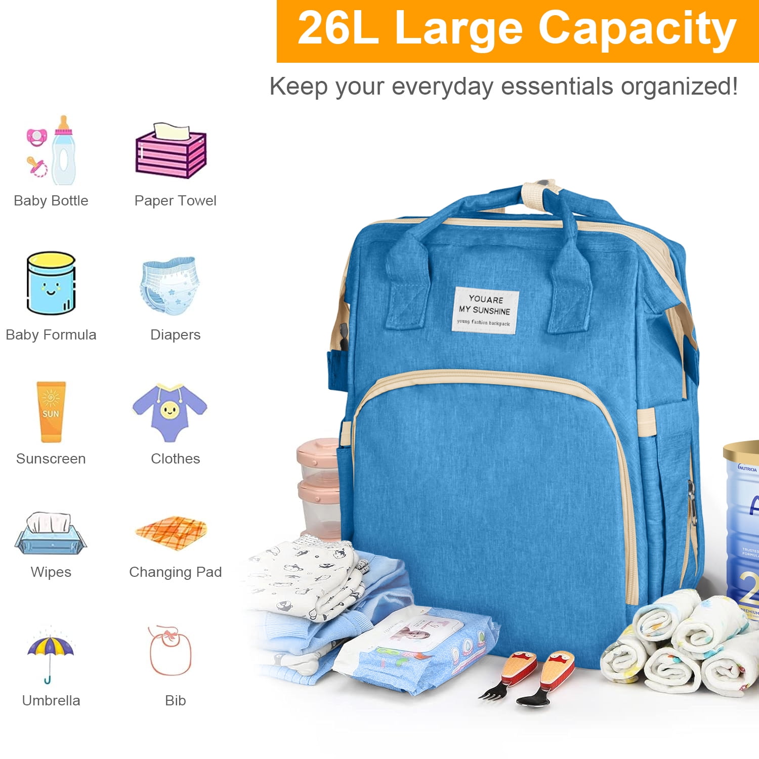 Diaper Bag Backpack,Multifunction Diaper Bag Backpack with Changing Station,Foldable Crib&Insulated Milk Bottle Pocket Large Capacity Baby Nappy Changing Bag Travel Backpack w/ Stroller Straps,Blue
