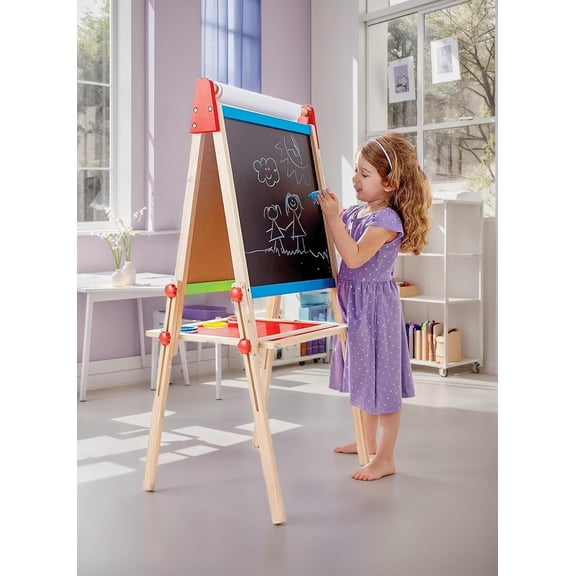 E1010 Magnetic All in 1 Kids Height Adjustable Drawing Dry-Erase Chalkboard Wooden Artist Easel with 3 Paint Pots and Refillable Paper Roll