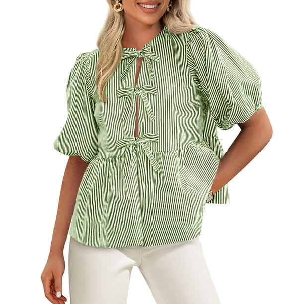 Blusa PRETTYGARDEN Camisa a rayas con lazo en la parte delantera para mujer 2025