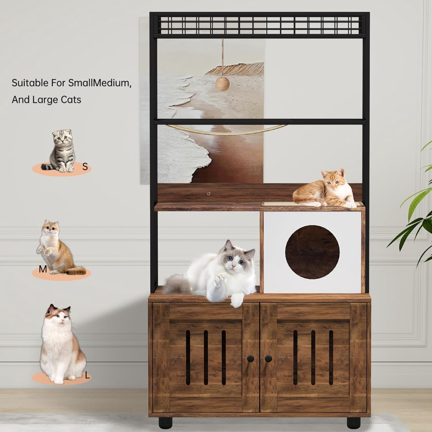 Acekid 60 Inch 2-in-1 Cat Tower Cabinet&nbsp;- Hidden Litter Box Enclosure with Metal Frame & Wood Condo, Includes Hammock & Scratching Mat, Dog-Proof Design (Retro)