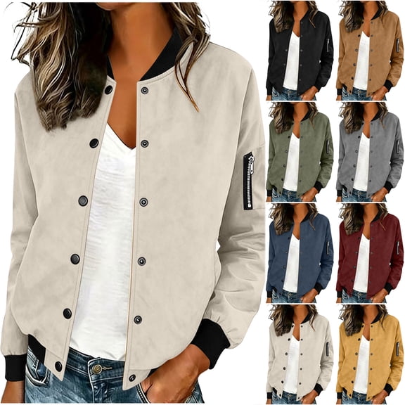 Otntypg Womens Faux Suede Leather Bomber Jacket Trendy Fall Snap Button Down Long Sleeve Casual Varsity Baseball with Arm Zipper Pockets