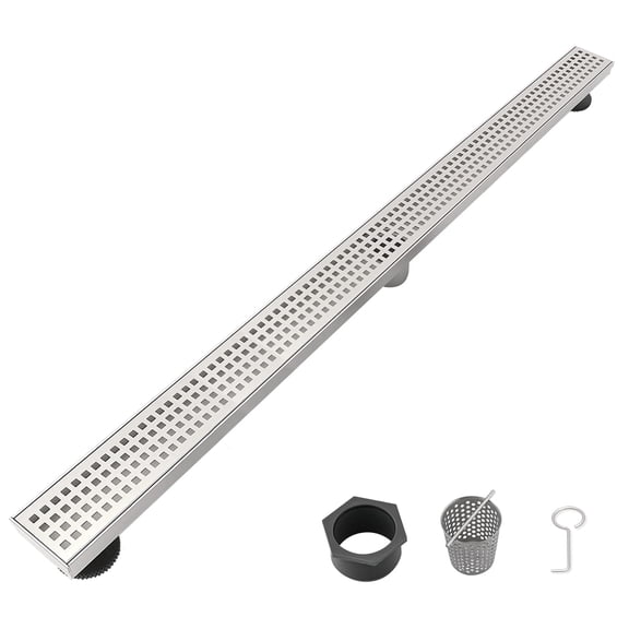 36 Inch Linear Shower Drain - Removable Square Patterned Grate 304 Stainless Steel with Hair Strainer & Leveling Feet Brushed Nickel