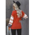 thumbnail image 3 of Women's Orange V Neck Leopard Stripe Splice Lantern Sleeve Top, 3 of 18