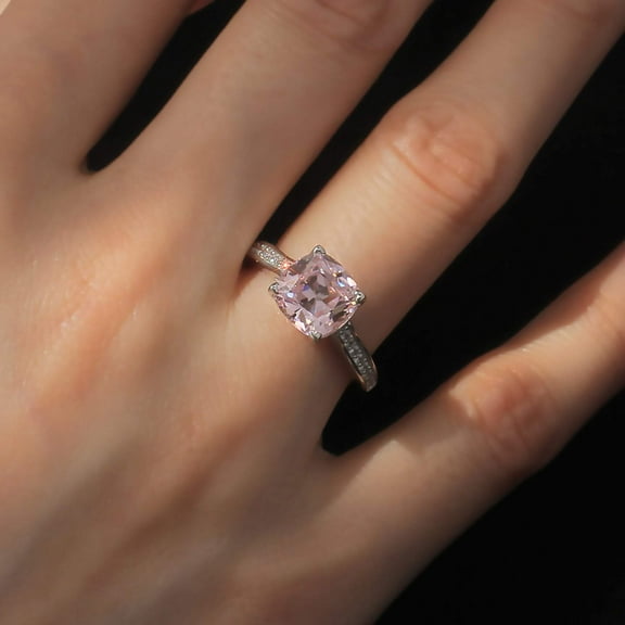 Men's Platinum Plated Sterling Silver 2ct Cushion Super Light Pink CZ Ladies Cocktail Ring ( Size 5 to 9 ), 5
