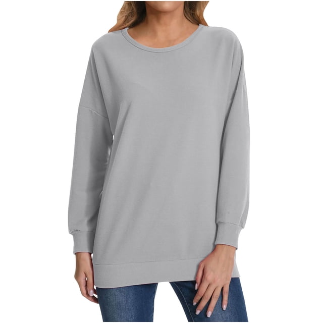 Swstbby Fall Savings Clearance! Womens Fall Tops Plus Size, Women's Hoodless Long Sleeve Pullover Solid Color Loose Hoodie Gray L