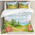 thumbnail image 1 of Log Cabin Duvet Cover Set Queen Size, Countryside Theme Sketch of a Small Village with Wooden Lodges, Decorative 3 Piece Bedding Set with 2 Pillow Shams, Baby Blue and Multicolor, by Ambesonne, 1 of 3