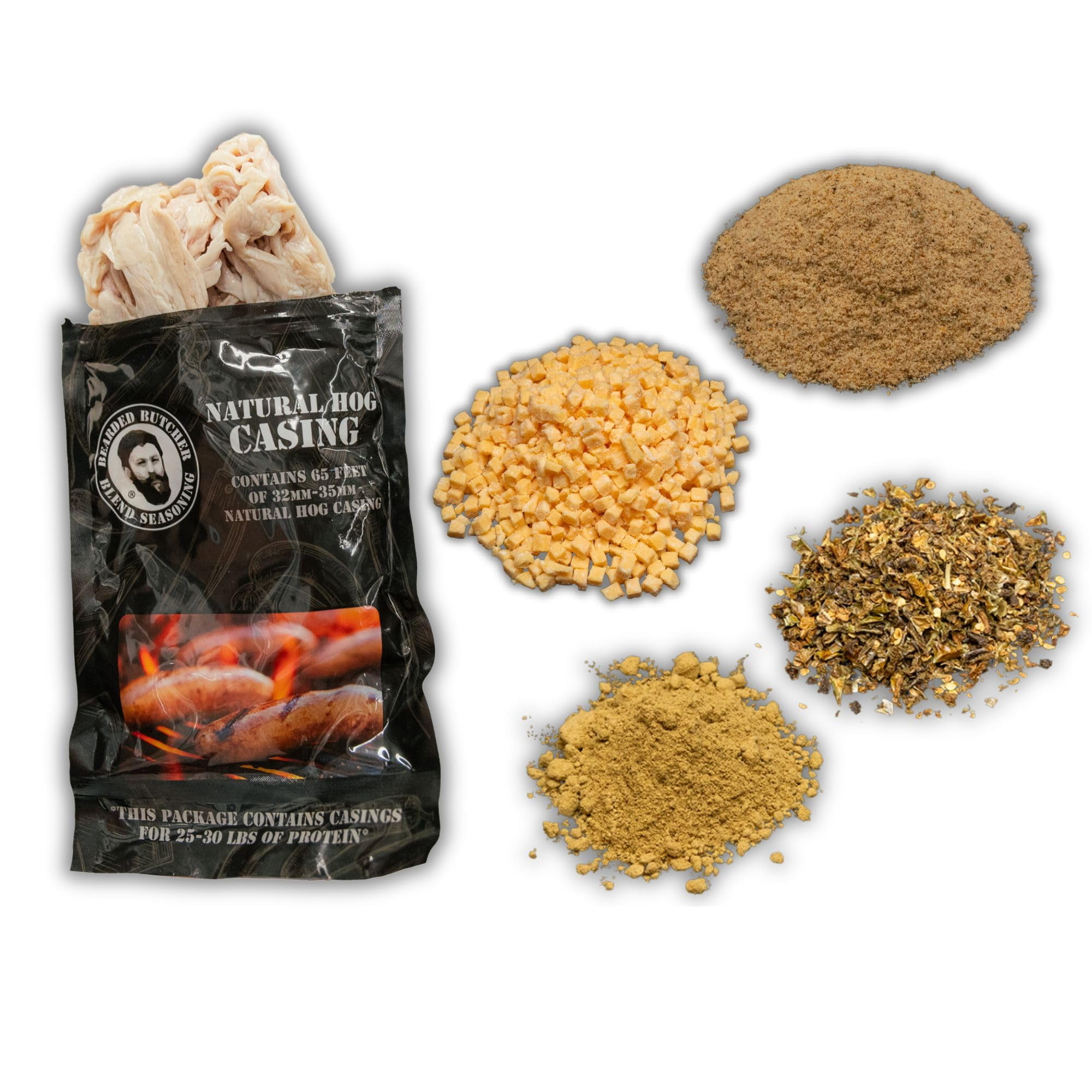 The Bearded Butchers Jalapeño Cheddar Bratwurst DIY Kit for up to 25 lbs of Meat, Includes Seasoning, Jalapeño, Cheddar Cheese & Natural Hog Casings