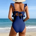 thumbnail image 4 of qucoqpe One Piece Swimsuit for Women Fashion Solid Color Ruffle V Neck Back Tie Pleated Bathing Suit Beach Vacation Swim Set, 4 of 6
