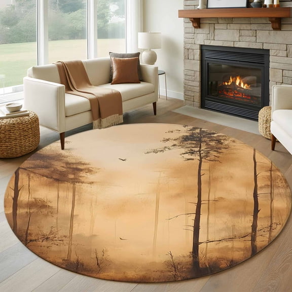 Round Rugs 6Ft, Brown Forest Round Area Rug Washable Indoor Throw Carpet, Vintage Mysterious Farmhouse Tree Soft Non Slip Circle Rug for Office Cabinet Home Decor Aesthetic