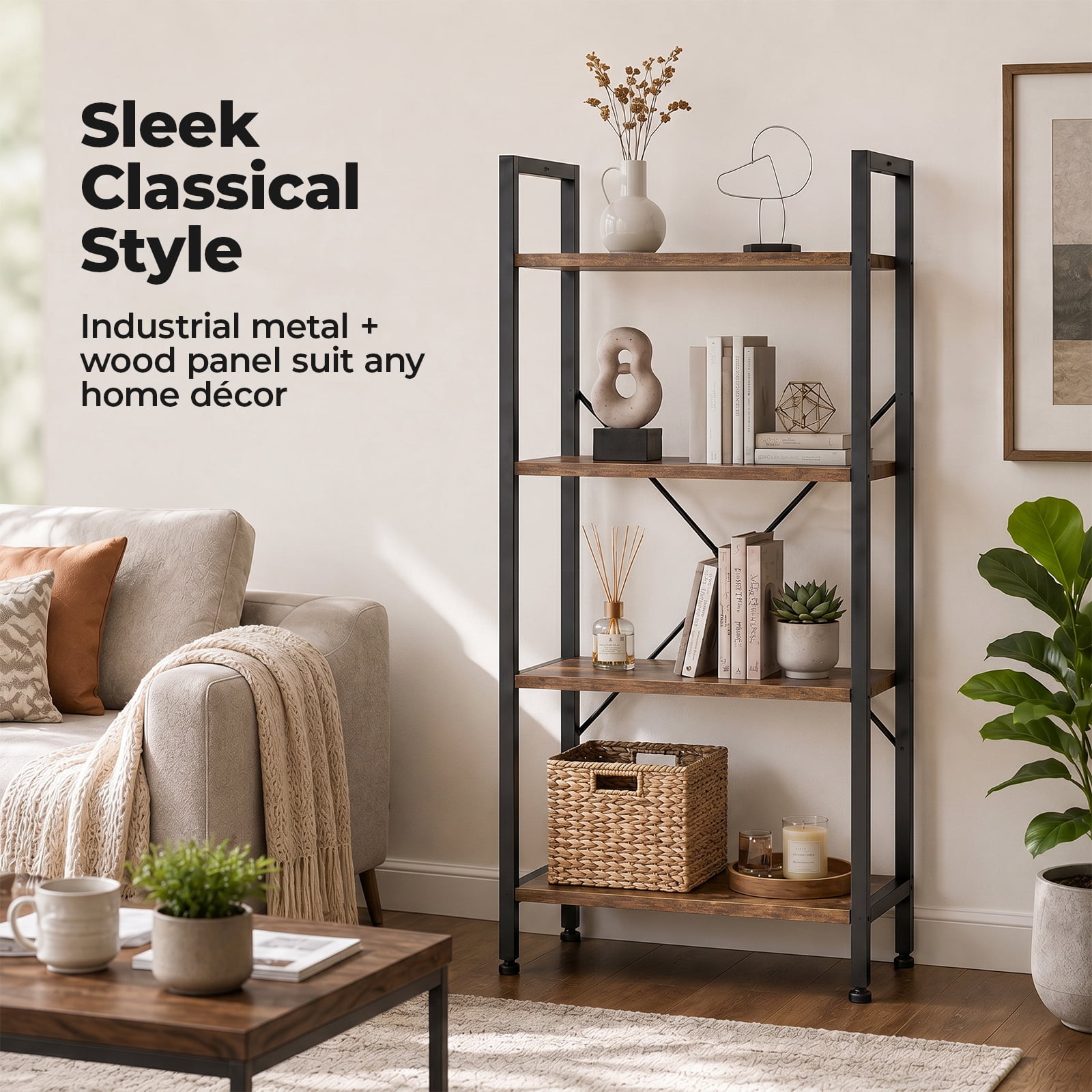 Alvantor 3/4-Tier Industrial Bookshelf, Narrow Storage Rack classical-style shelves for living rooms, homes, and offices