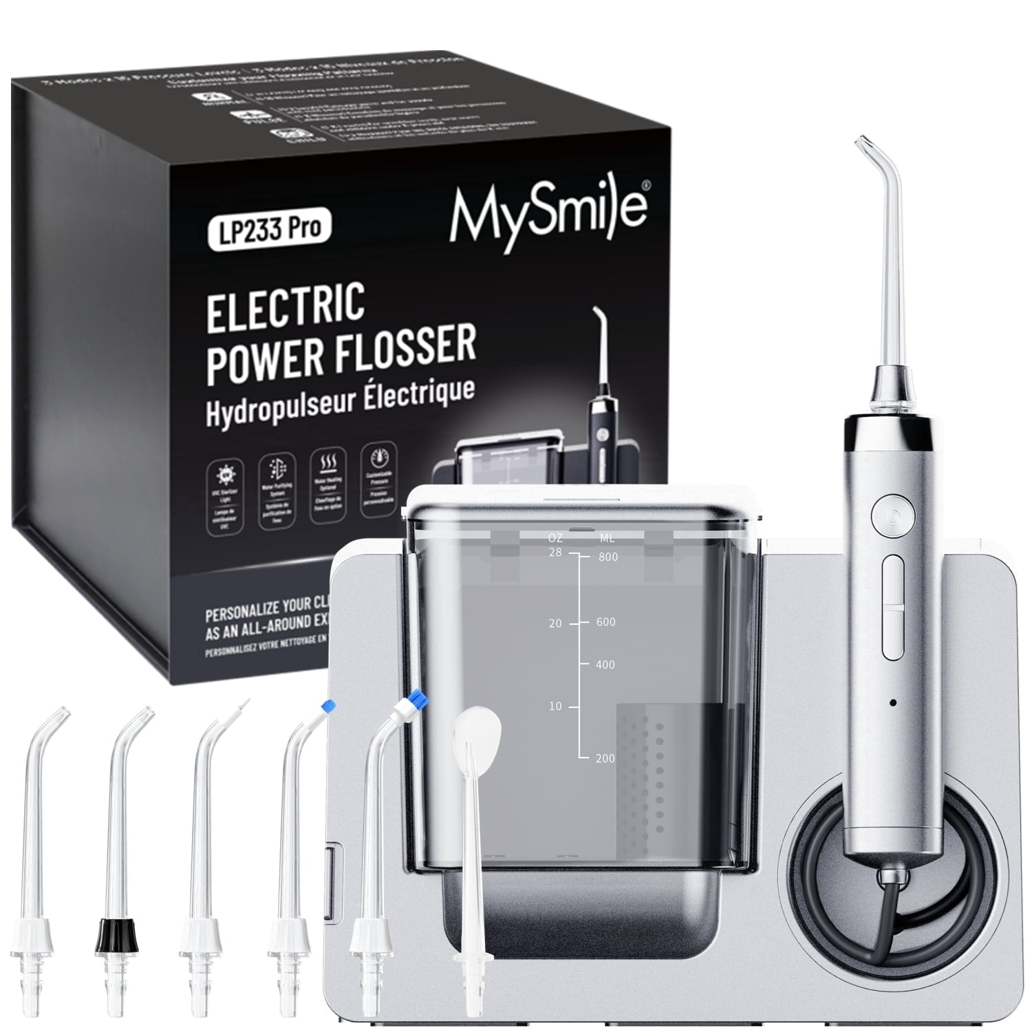 MySmile LP233 Pro 800ml Countertop Electric Dental Water Flosser with 30PC Mouthwash & UVC Sterilizer Light, Power Oral Irrigator for Teeth Braces 6 Jet Tips, Silver