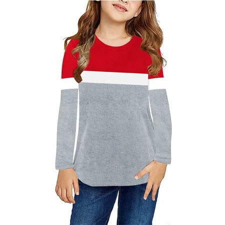 Otqutp Baby Comfortable Pullover T-Shirt Toddler Girls Boys Matching Color Long Sleeved Crewneck Top Fall Spring Clothes for 3 To 9 Years(Red-1 6-7 Years)