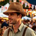 thumbnail image 2 of Vintage Woven Hollowâout Sun Hat Unisex Leather Band Decor Breathable Outdoor Vacation Fedora Hat, 2 of 4