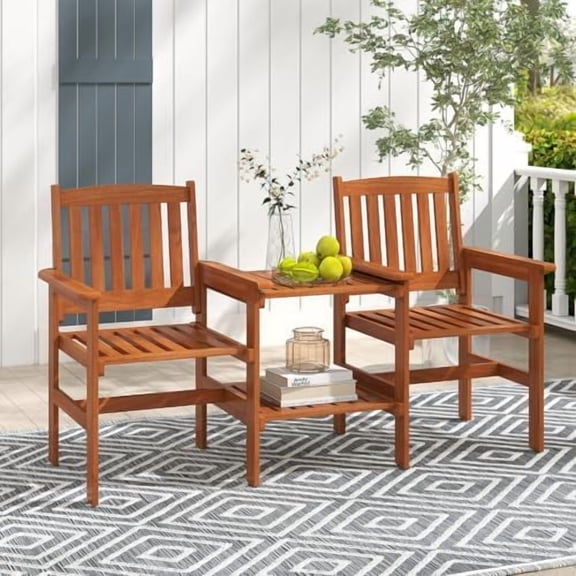 Outdoor Loveseat with Built-in Table - Wood Patio Chairs w/Center Table & Umbrella Hole, 2-Person Garden Bench for Porch Deck Pool Balcony Backyard, 2-Seater Wooden Patio Furniture Set