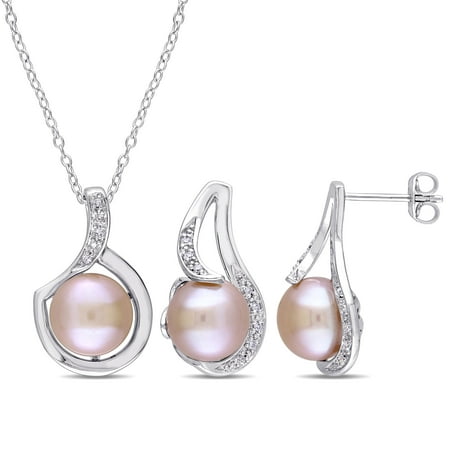 Tangelo 9-9.5mm Pink Cultured Freshwater Pearl and 1/10 Carat T.W. Diamond Sterling Silver 2-Piece Pendant and Earrings Set