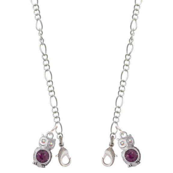 Silvertone 3-D Purple & AB Crystal Owl Silvertone Face Mask Necklace
