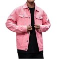 thumbnail image 2 of COSFO Solid Jean Jacket Men Button Down Pink Denim Casual Coat Collared with Pocket Loose Ripped Long Sleeve Jackets, 2 of 9