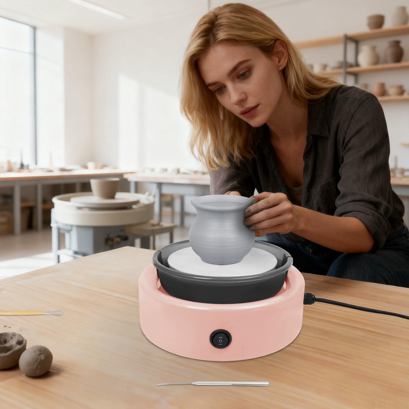 Ceramic Drawing Machine, Adjustable Speed Pottery Wheel with Foot Pedal and Direction Switch, Pink Electric Ceramic Machine for Home Use