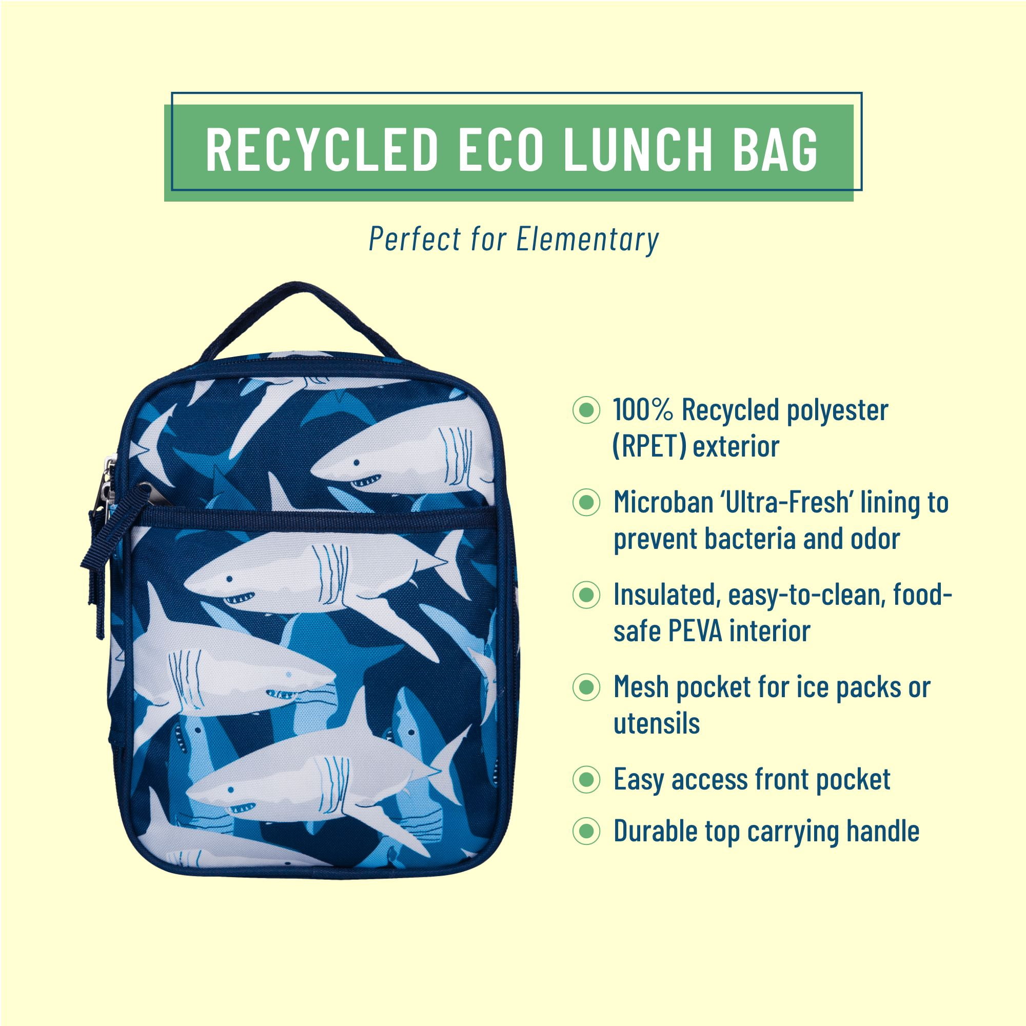 Wildkin Kids Recycled Eco Lunch Bag for Boys and Girls (Sharks)