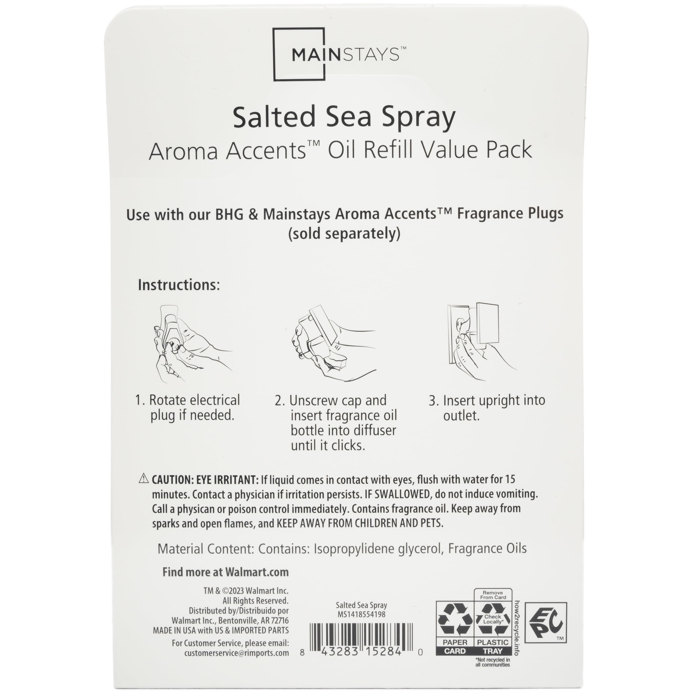 (4 pack) Mainstays Aroma Accents Oil Refill, Salted Sea Spray, 3 pack