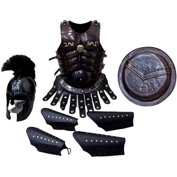 THOR INSTRUMENTS Medieval Armor Dark Copper Muscle Jacket Black Troy Helmet WBlack Plume Leather Arm & Leg Guard & Shield Rustic Vintage Home Decor Gifts