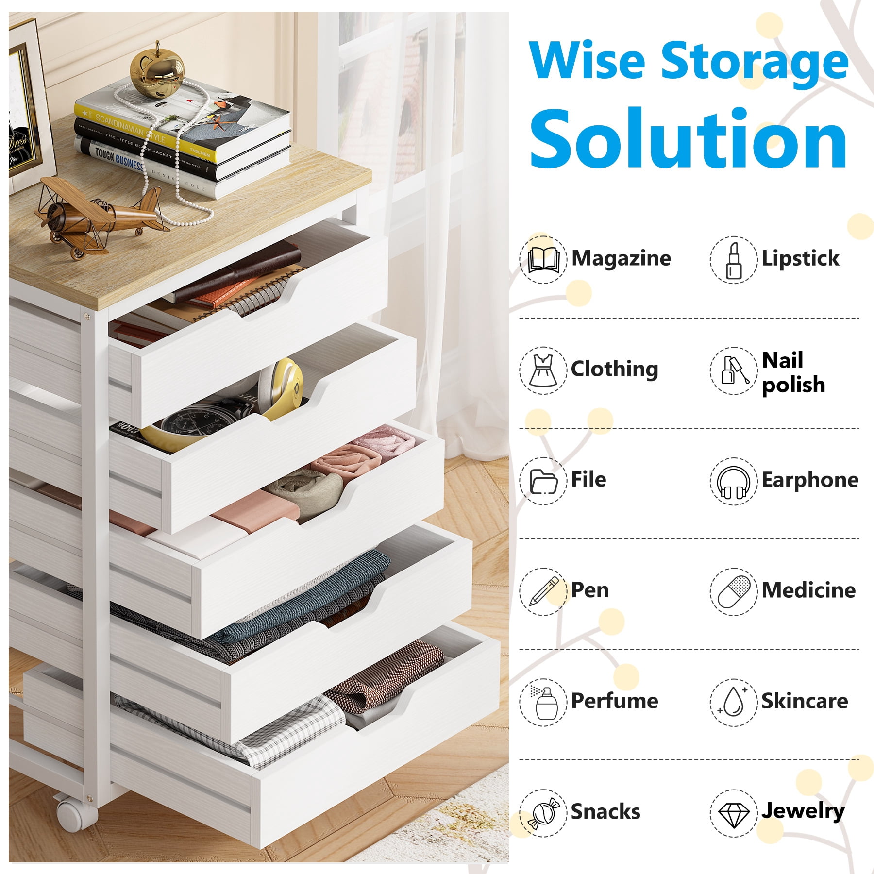 Tribesigns 5 Drawer Chest, Wood Storage Dresser Cabinet with Wheels, Industrial Storage Drawer Organizer Cart for Office Bedroom Entryway, White