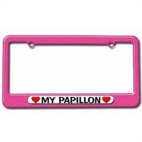 My Papillon Love with Hearts License Plate Tag Frame, Pink Color