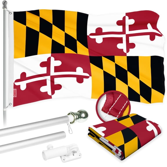 G128 Combo Pack: 5 Ft Tangle Free Aluminum Spinning Flagpole (Silver) & Maryland MD State Flag 2x3 Ft, ToughWeave Series Embroidered 300D Polyester | Pole with Flag Included