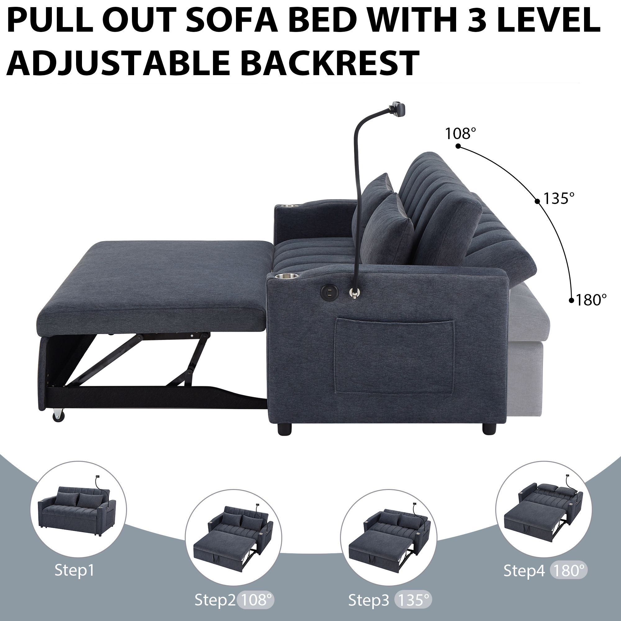 EUROCO 1100LBS Queen Pull Out Sofa Bed, 55.9" Convertible Sleeper Loveseat with 3 USB Ports, 2 Side Pockets,2 Cup Holders and 360°Swivel Phone Holder,Modern Loveseat Sofa for Living Room