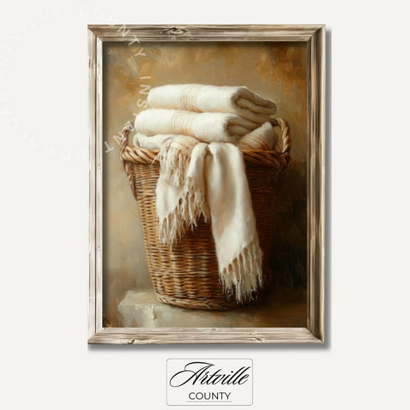 Modroom Vintage Laundry Room Art, Cottagecore Bathroom Print, Farmhouse Laundry Decor Basket With Towels Wall Art, Modern Wall Decor, 8x12 UNFRAMED