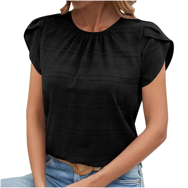 Tnhcen Blouses en Mousseline Unies à Col Rond pour Femmes / Chemises à Manches Pétales à Manches Courtes P-2TG / Hauts Élégants