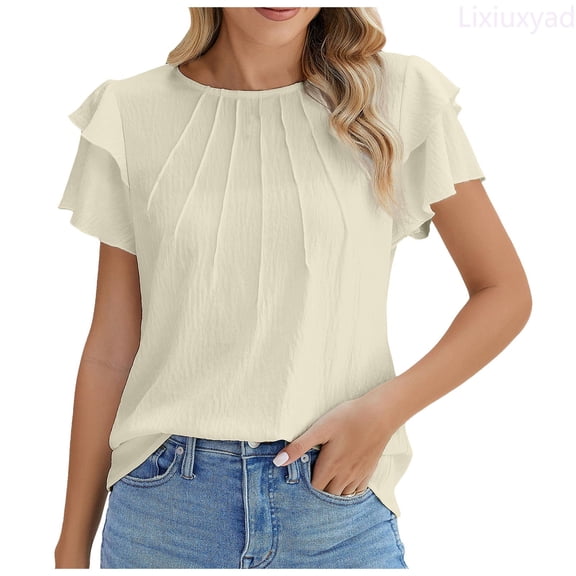 Lixiuxyad Women Dressy Casual Tops Business Work Blouses Summer Shirts Short Sleeve Crew Neck Trendy Flowy,Beige L