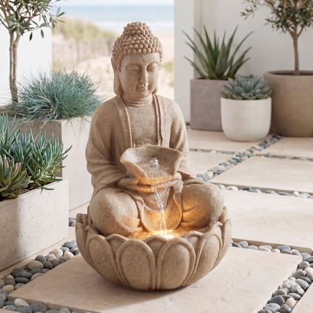 Calm Buddha 22" High Large Zen Asian Indoor Outdoor Decor Sand Stone Floor Fountain with Light LED Outside