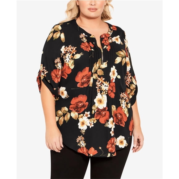 avenue Womens Eastbrook Floral Knit Blouse, black, Plus Size, 18W