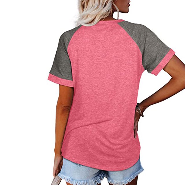 Femmes T-Shirt Couleur Bloc Manches Courtes Top Rond Causal Été T-Shirt Femmes Causal Chemisier, Rose, S