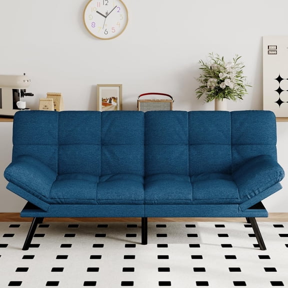 Futon Sofa Bed Convertible Couch, Blue Linen Sofa Bed with Memory Foam, Adjustable Backrest & Armrests, Multifunctional Small Loveseat Sleeper Sofa for Living Room, Apartment, Office