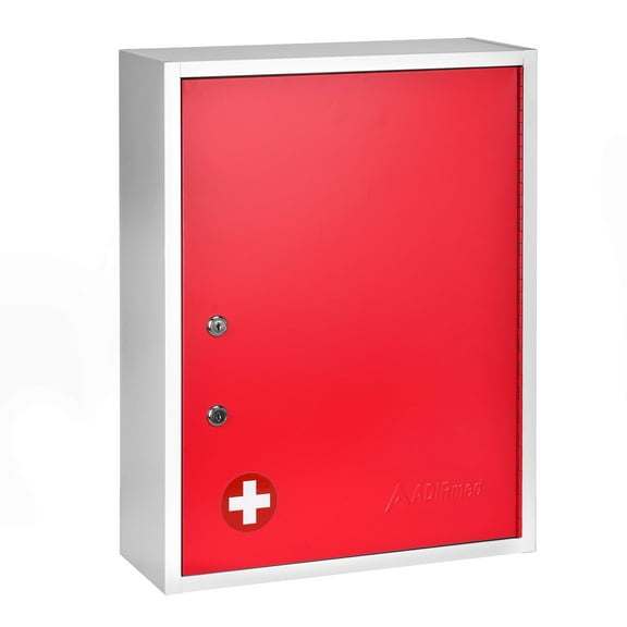 AdirMed Locking Medicine Cabinet Wall Mounted First Aid Cabinet with Lock, Lockable Wall Medicine Cabinet with Dual Lock and Dual Keys, 21" H x 16" W x 6" D, Red