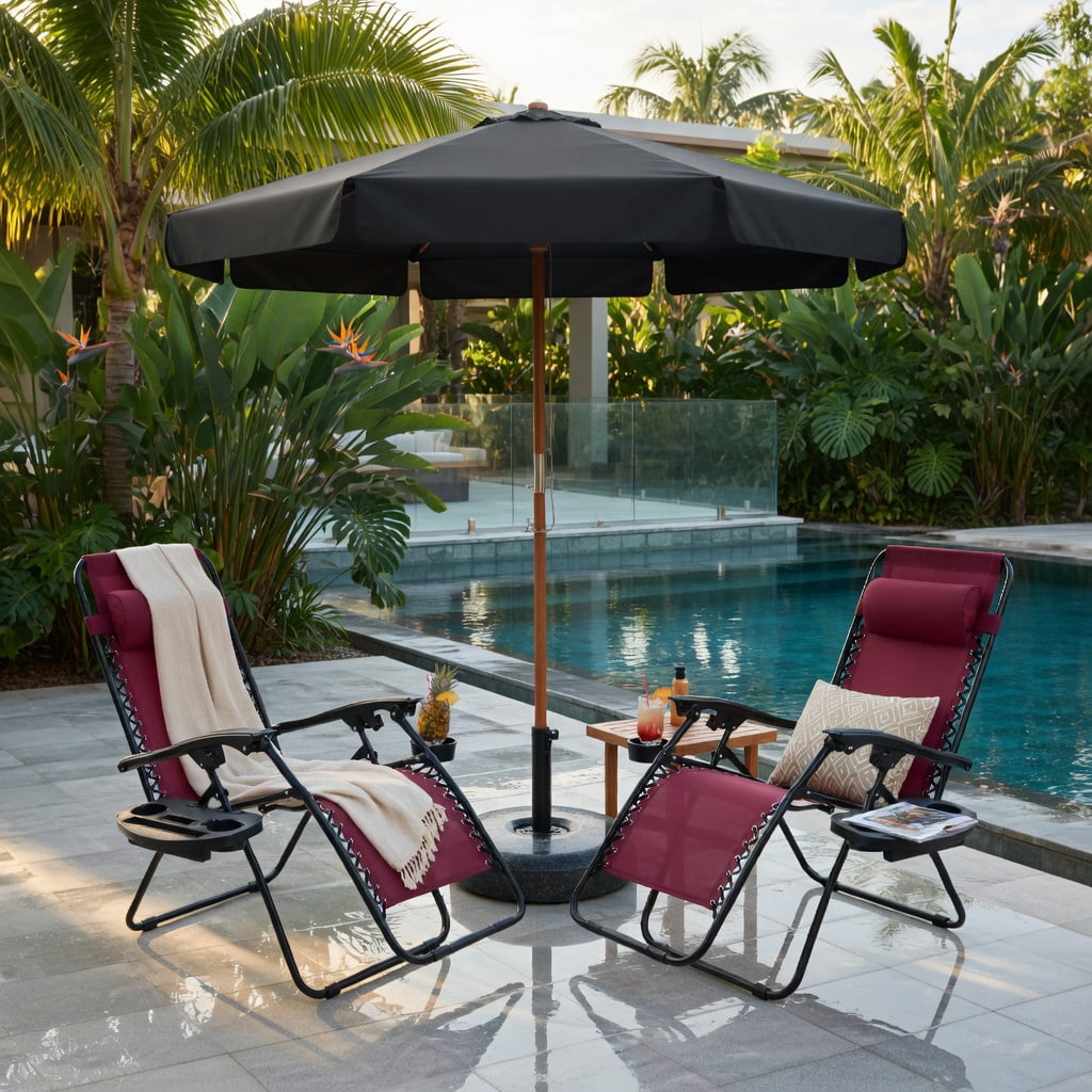 Hommoo 2-Pack Zero Gravity Folding Lounge Chairs with Adjustable Headrest & Removable Tray, Breathable Waterproof Fabric, Dark Red