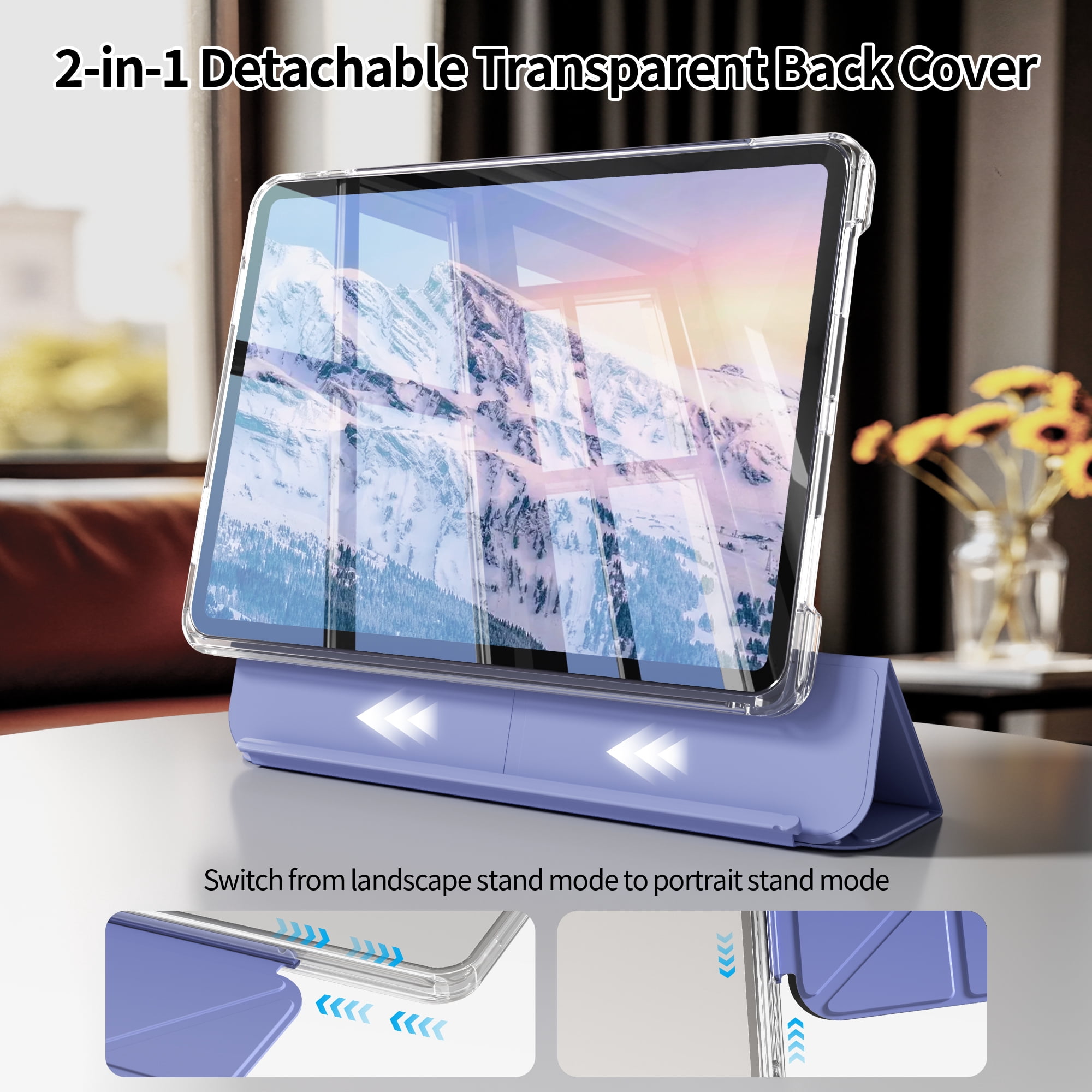 KVTVOU Case for iPad A16 11th Gen 11-inch 2025/10th Generation 10.9" 2022 with Pencil Holder, Detachable 2 in 1 Sliding Removable Cover, Transparent PC Back&TPU Shockproof, Slim Trifold, Purple